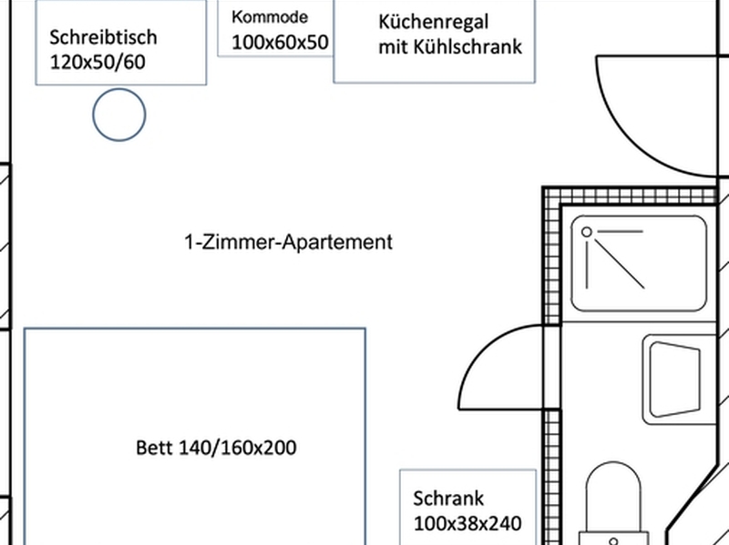 Grundriss Einzimmerappartement - 20-22m² mit eigenem Bad und Küchengestell