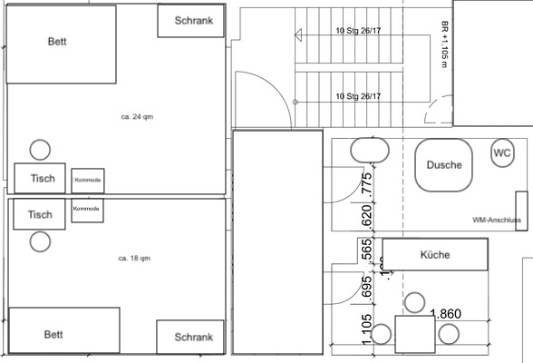 Grundriss 2er-WG - 18-24m² Zimmer mit Gemeinschaftsküche und Bad