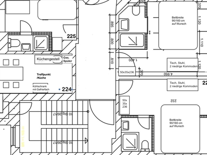 Grundriss 3er-WG - 11-19m² Zimmer mit eigenem Bad und Gemeinschaftsküche