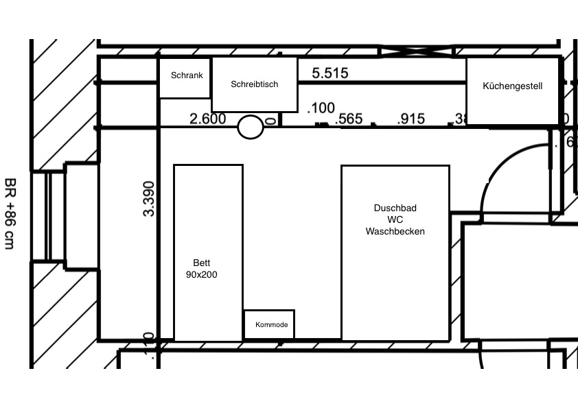 Grundriss Einzimmerappartement - 14m² mit eigenem Bad und Küchengestell