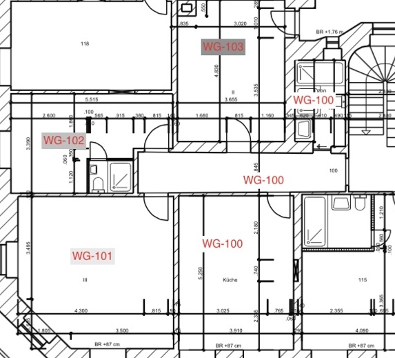 Grundriss 3er-WG - 27, 24, 14 m² mit Gemeinschaftsküche